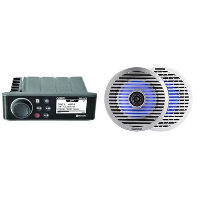 KICKER Fusion Entertainment MS-RA70 Marine Entertainment System with Bluetooth w/ 51KM614FL 6.5-Inch (165mm) Thin-Mount Marine Coaxial Speakers with RGB LED, 4-Ohm, White & Silver Grilles Included