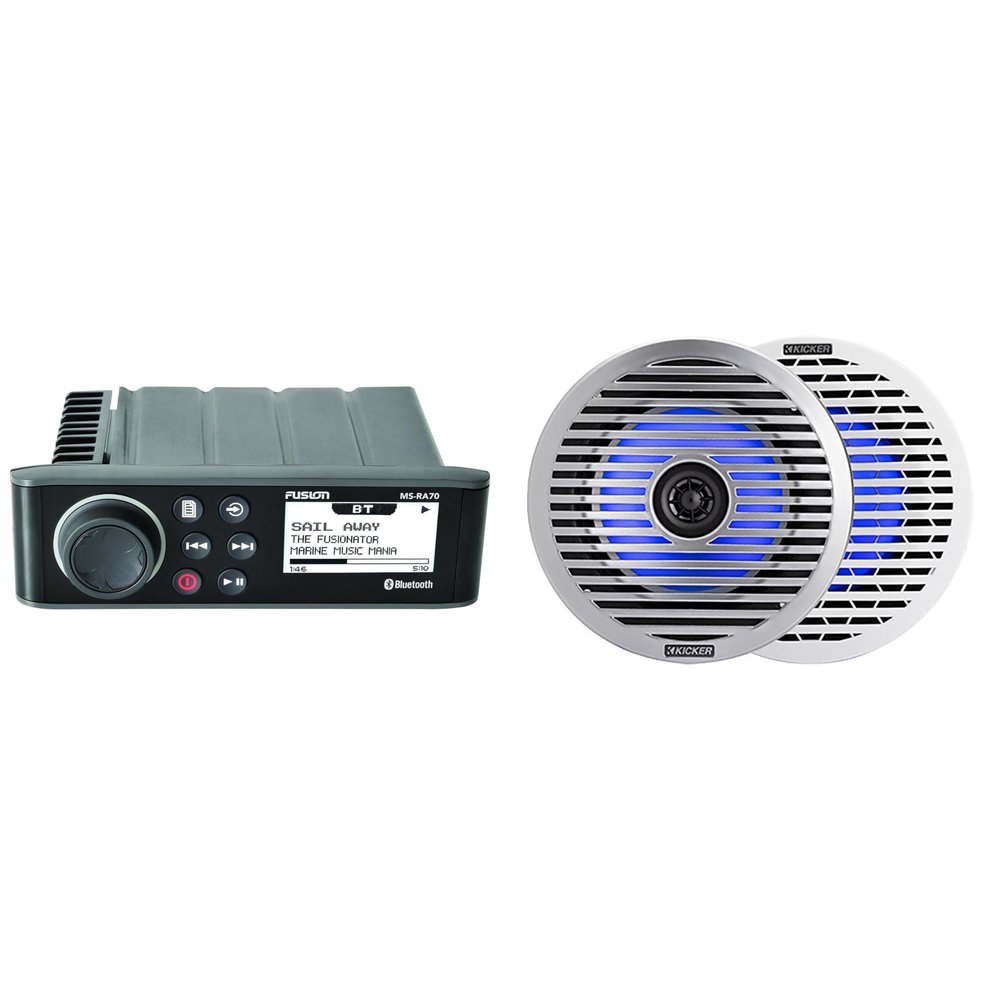 KICKER Fusion Entertainment MS-RA70 Marine Entertainment System with Bluetooth w/ 51KM614FL 6.5-Inch (165mm) Thin-Mount Marine Coaxial Speakers with RGB LED, 4-Ohm, White & Silver Grilles Included
