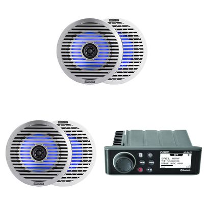 Fusion Entertainment MS-RA70 Marine Entertainment System with Bluetooth w/ (2 Pair) 51KM614FL 6.5-Inch (165mm) Thin-Mount Marine Coaxial Speakers with RGB LED, 4-Ohm, White & Silver Grilles Included