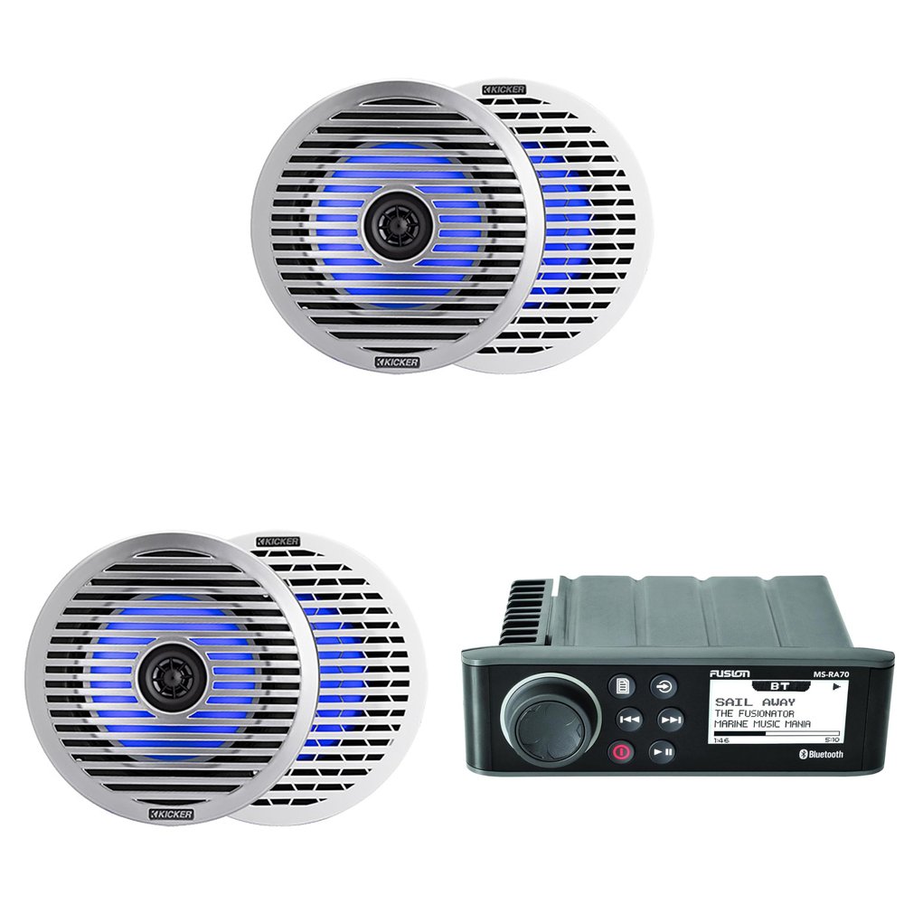 Fusion Entertainment MS-RA70 Marine Entertainment System with Bluetooth w/ (2 Pair) 51KM614FL 6.5-Inch (165mm) Thin-Mount Marine Coaxial Speakers with RGB LED, 4-Ohm, White & Silver Grilles Included