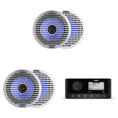 Fusion MS-RA60 Marine Stereo with Wireless Connectivity w/ (2 Pair) 51KM614FL 6.5-Inch (165mm) Thin-Mount Marine Coaxial Speakers with RGB LED, 4-Ohm, White & Silver Grilles Included