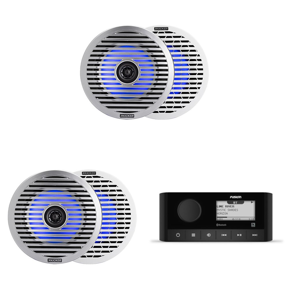 Fusion MS-RA60 Marine Stereo with Wireless Connectivity w/ (2 Pair) 51KM614FL 6.5-Inch (165mm) Thin-Mount Marine Coaxial Speakers with RGB LED, 4-Ohm, White & Silver Grilles Included