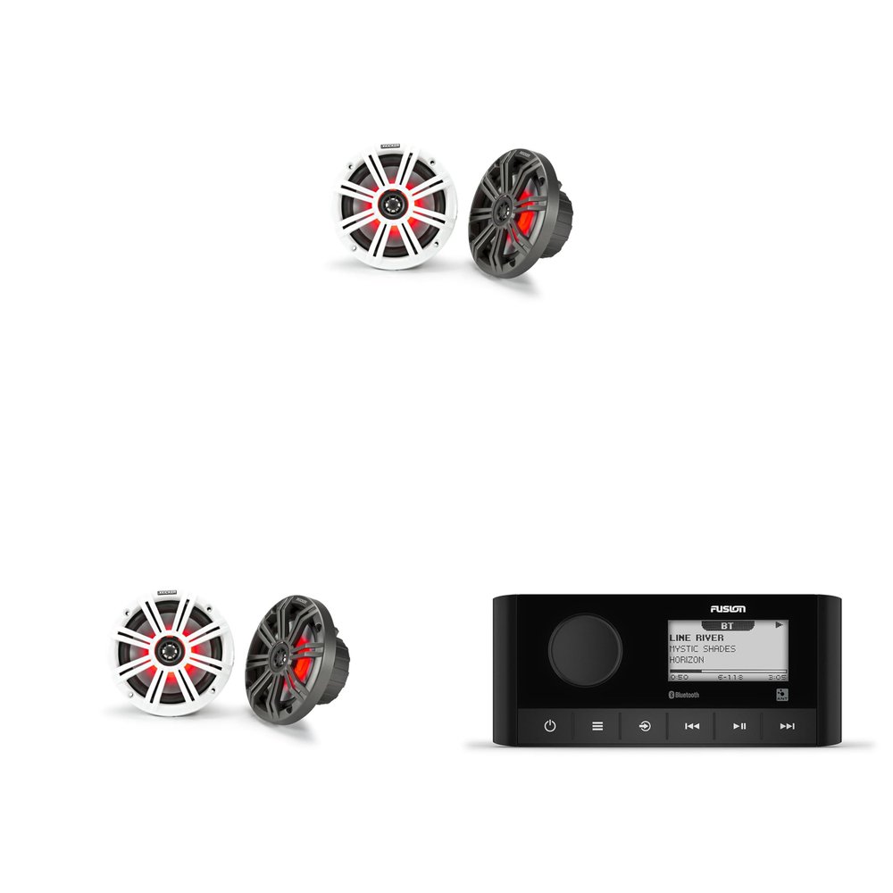 Fusion MS-RA60 Marine Stereo with Wireless Connectivity w/ (2 Pair) KM65 6.5-Inch (165mm) Marine Coaxial Speakers with 3/4-Inch Tweeters, LED, 4-Ohm, Charcoal and White Grilles