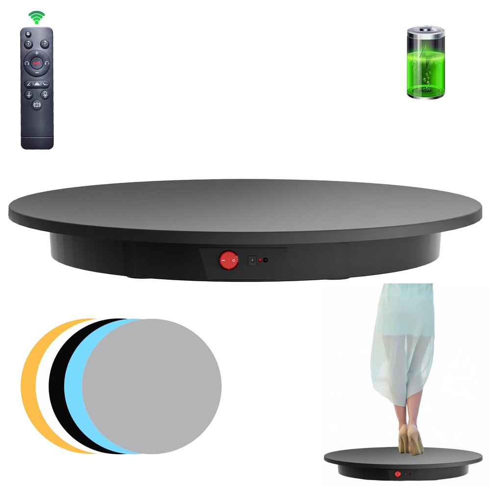 JAYEGT Motorized Rotating Display Stand,350Lbs Load,360 Degree Electric Rotating Turntable for Photography Products Display, Show,Remote Control +5 Colors Backgrounds (Black/23.6Inch/Rechargeable)