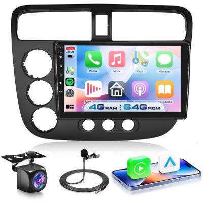 4G+64G Android 15 Car Stereo for Honda Civic 2001-2005 with Wireless Carplay Android Auto, 9 Inch 1280 * 720 Touch Screen GPS/WiFi/Bluetooth 5.0/ FM/32EQ/ SWC/Backup Camera