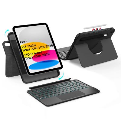 accrosoo Rotatable Detachable Magnetic Keyboard Case for iPad A16 11th/10th Gen, with Larger-Touch Trackpad, Shockproof Bumper, Support Portrait, Magnetic Pencil Holder, Backlight,Full Protect, Black