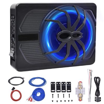 10 Inch 800W Powered Car Subwoofer, Slim Under Seat Sub Built-in Amplifier, Blue LED Light Efficient Heat Dissipation, Powerful Bass for Car Truck SUV Audio