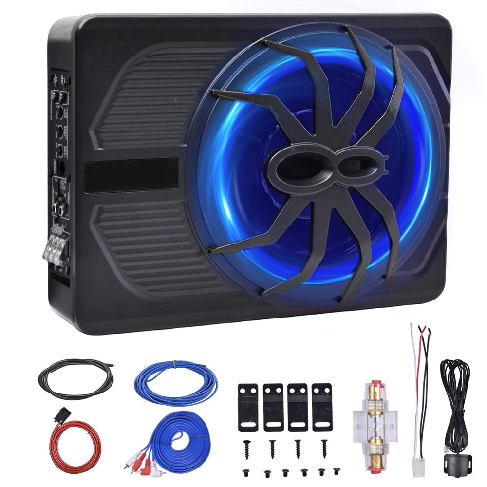 10 Inch 800W Powered Car Subwoofer, Slim Under Seat Sub Built-in Amplifier, Blue LED Light Efficient Heat Dissipation, Powerful Bass for Car Truck SUV Audio
