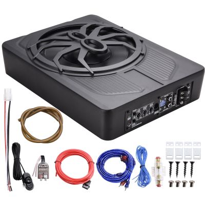 10" 800W Slim Under Seat Powered Car Subwoofer, with Blue LED Light Car/Truck Audio Sub Built in Amplifier amp Combo Package, Outstanding Heat Dissipation Powerful Bass
