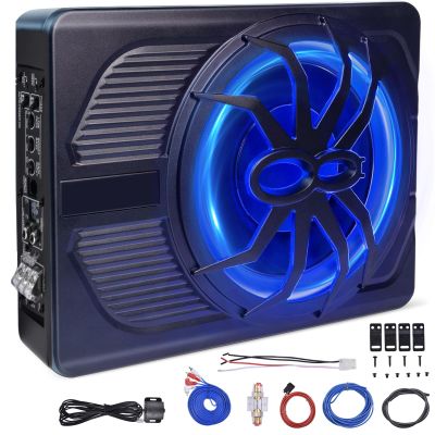 10 Inch 800W Powered Car Subwoofer, Under Seat Slim Design Built-in Amplifier, Blue LED Ambient Light, Enhanced Heat Dissipation Deep Bass for Car Truck SUV