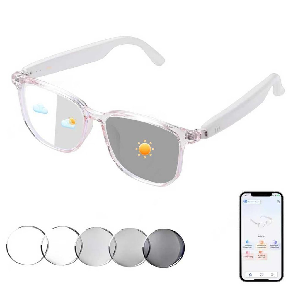 AI Smart Glasses, Bluetooth Translation Glasses for Men Women, Smart Audio Sunglasses with Real Time Translation (160+Languages), Photochromic Lenses, Music Blue Light Glasses for Travel Business-Pink