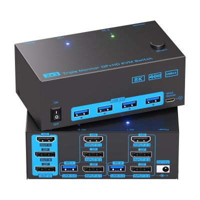 3 Monitors 2 Computers KVM Switch, Reyoten 8K KVM Switches,3 Monitors 2 Computers HDMI DP Switch, 4K Switch for 2 PCs Share Monitor Keyboard Mouse Printer with 2 USB Cables, Power Adapter