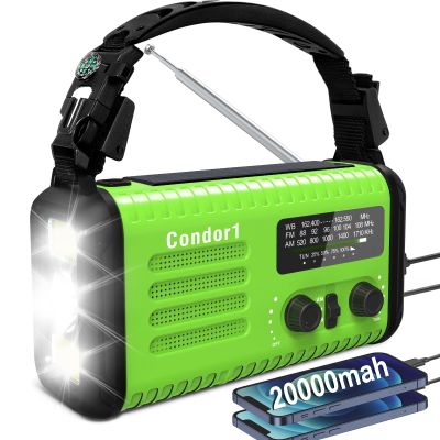 20000mAh Portable Emergency Weather Radio, AM/FM/NOAA, USB-C/Solar/Hand Crank Charging, Flashlight & Reading Lamp, SOS Alarm, Cell Phone Charger for Home & Outdoor Surviva - Green