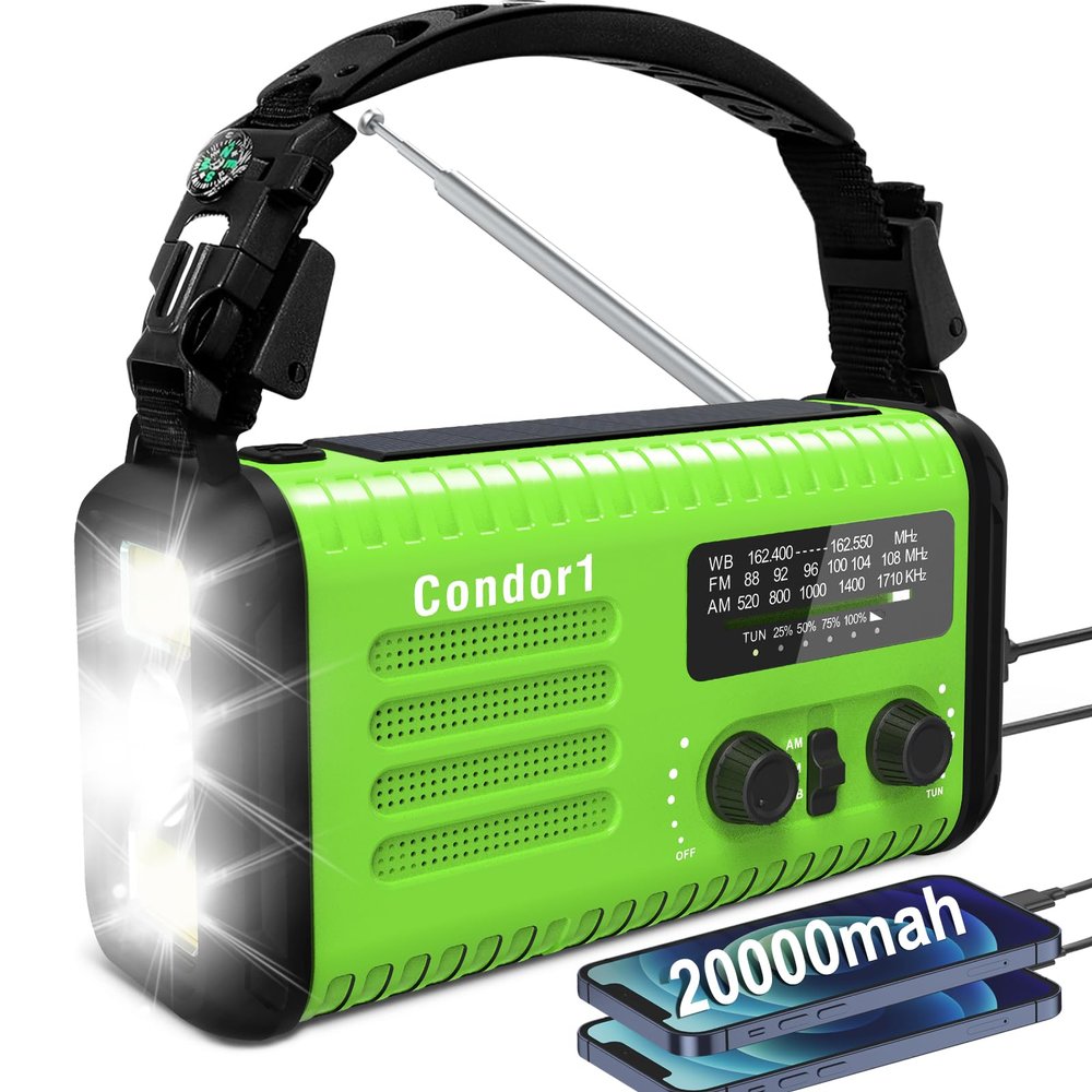20000mAh Portable Emergency Weather Radio, AM/FM/NOAA, USB-C/Solar/Hand Crank Charging, Flashlight & Reading Lamp, SOS Alarm, Cell Phone Charger for Home & Outdoor Surviva - Green