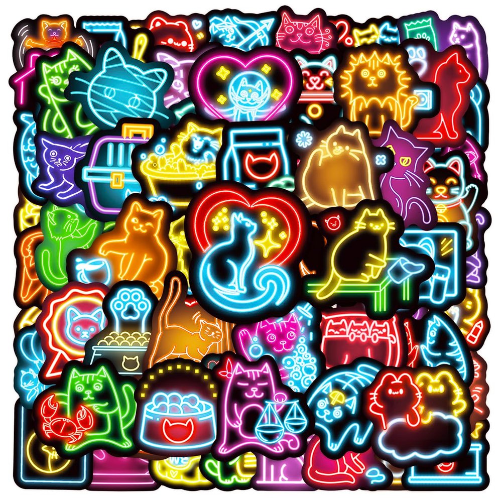 100pcs Neon Cat Theme Waterproof Vinyl Stickers - Cats Decor & Party Favors Gifts for Laptop, Water Bottle, Skateboard