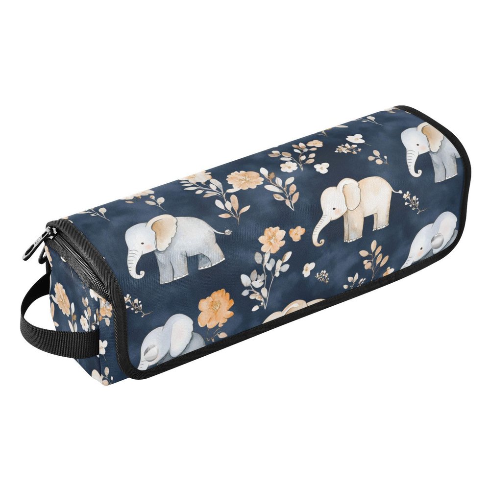 Cartoon Elephant Navy Blue Hair Tool Travel Bag for Women and Heat Resistant Mat with Zipper Waterproof Portable Open Flat Travel Bag for Flat Irons, Straighteners, Curling Irons Travel Bag for Women
