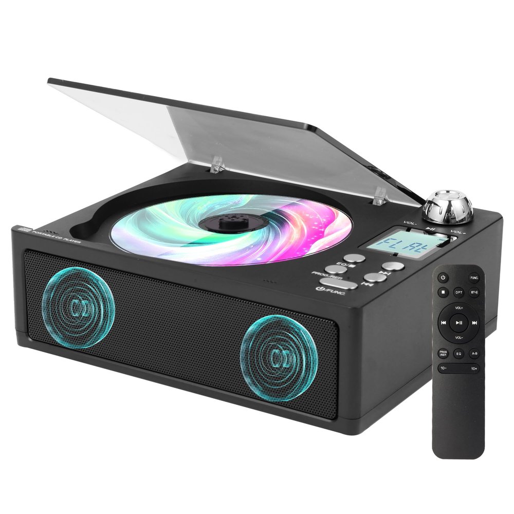 M-Amazup CD Player Portable, Desktop CD Players for Home with Cable and Adapter, Dual Speakers, Support Opt/USB/TF Card/AUX/FM with Remote Control, LCD Display, 3.5mm Headphone Jack, Black