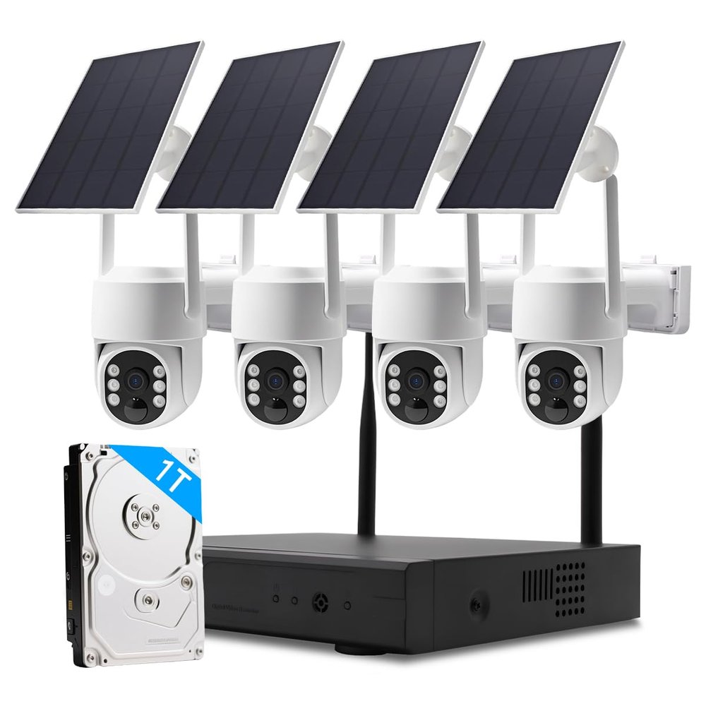 GUDFIDELIO Surveillance System 4 Packs Solar Security Cameras 4MP Clarity for Outdoor, Indoor, Plug and Play 100% Wire-Free, 4K HD NVR 10CHN, 2.4G WiFi Wireless Connection, Two-Way Audio Talk