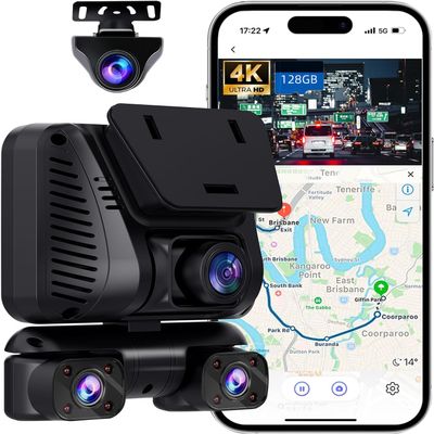 4K Dash Cam 360 View,4 Channel Front and Rear Dash Camera for Cars,Built-in 5GHz Wi-Fi GPS, Voice Control, Free 128G Card,Night Vision,24H Parking Mode,G-Sensor