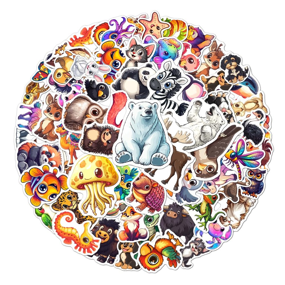 108PCS Cute Animal Stickers Pack, Waterproof Vinyl Animal Decals for Kids, Decorative Stickers for Laptop, Water Bottle, Phone, Skateboard, Guitar, Cars, Scrapbook, Party Favors