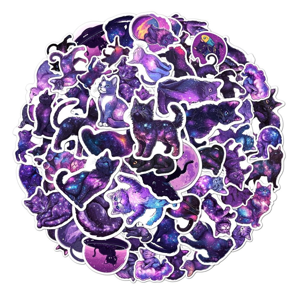 108 PCS Cat Vinyl Stickers, Waterproof Cosmic Cat Decals for Kids Teens Adults, Cute Purple Starry Sky Stickers for Water Bottles, Laptops, Phone, Skateboards, Journals, Gifts