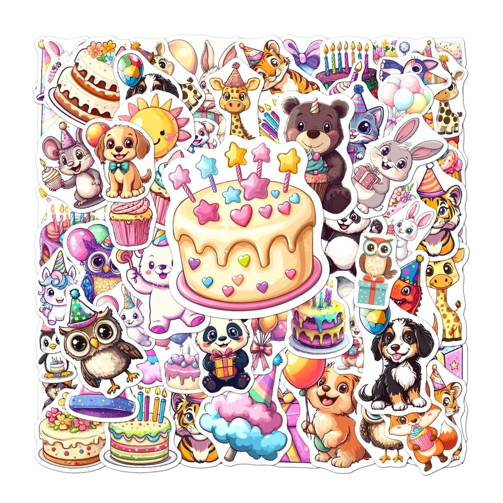 108 PCS Happy Birthday Stickers for Kids, Cute Vinyl Celebration Decals for Birthday Party Favor, Waterproof Cartoon Animal Cake Balloon Gift Stickers for Laptop, Water Bottle
