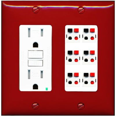 RiteAV 6 Port Speaker Wire Plug Jack Wall Plate - GFCI Outlet [Red/White]