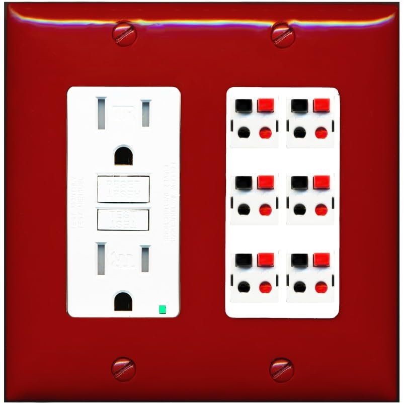RiteAV 6 Port Speaker Wire Plug Jack Wall Plate - GFCI Outlet [Red/White]