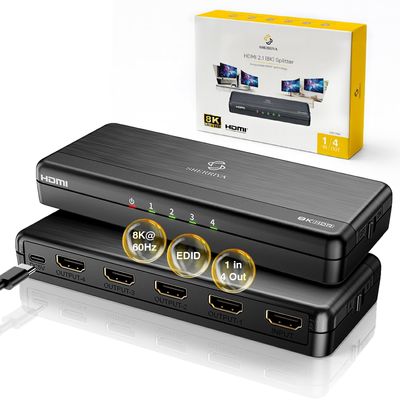 SHERRIVA 8K HDMI Splitter 1 in 4 Out, 1x4 Duplicate/Mirror Screens, HDMI 2.1, 8K@60Hz, 4K@240Hz (DSC), 4K@120Hz, Auto Downscaling, 48Gbps, HDCP 2.3, Compatible with Xbox, PS5, Blu-ray Player