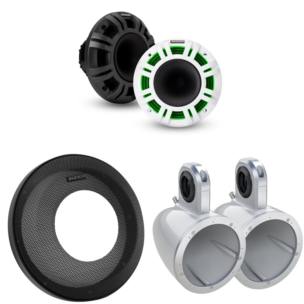 Kicker KMXL Horn-Loaded LED Powersports Speakers w/Grilles & 12KMTESW White Tower Enclosures