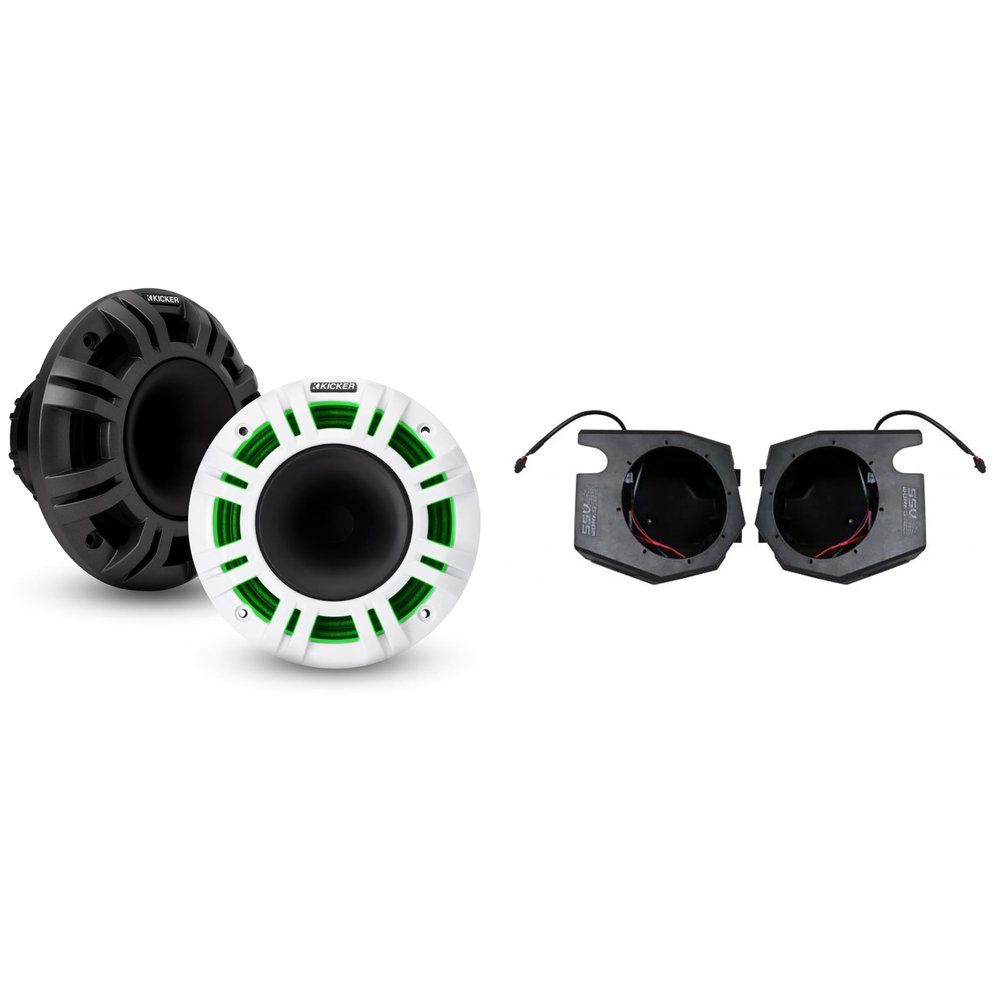 Kicker 48KMXL65 6.5" Horn-Loaded Marine Speakers and Front Kick 6.5in Speaker Pods Compatible with Polaris RZR 2014-2023