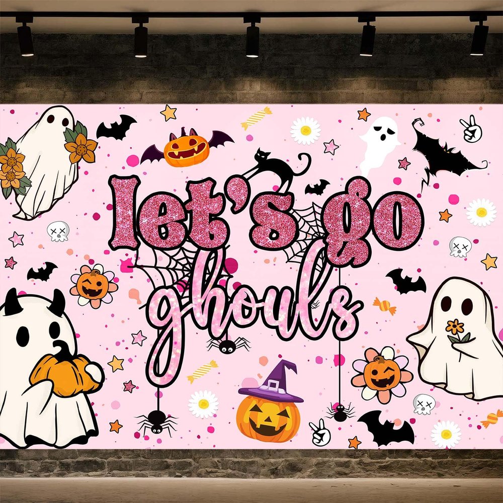 10X10ft Halloween Backdrop Let's Go Ghouls Backdrop for Girls Night Pink Boo Photography Background Halloween Bachelorette Ghost Bridal Shower Wedding Engagement Party Decorations Photo Shoot Props
