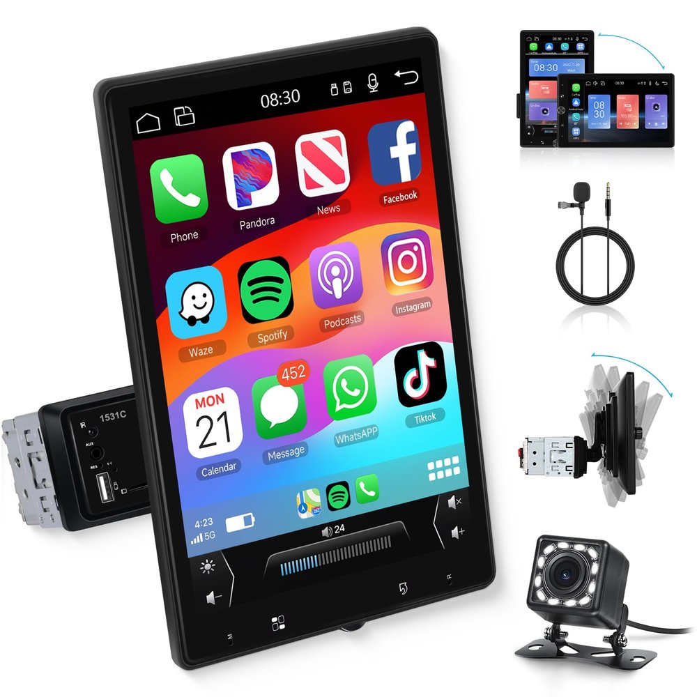 10.4" Single Din Single Din Touchscreen Car Stereo Wireless Carplay& Android Auto,Car Radio Stereo Bluetooth,Mirror Link,FM,Subwoofer,SWC,Backup Camera Voice Control Manual Rotatable Screen