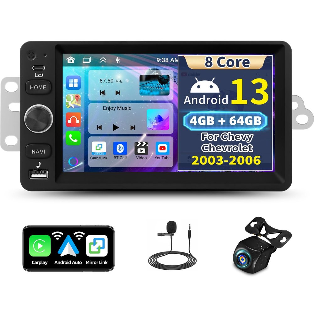 4G+64G 8 Core Android Car Stereo for Chevy Chevrolet Silverado SSR Tahoe 2003-2006, GMC Siera Yukon 2003-2006, Hummer 2003-2006 Apple CarPlay Android Auto 7 Inch Touchscreen BT GPS WiFi DSP AHD Camera