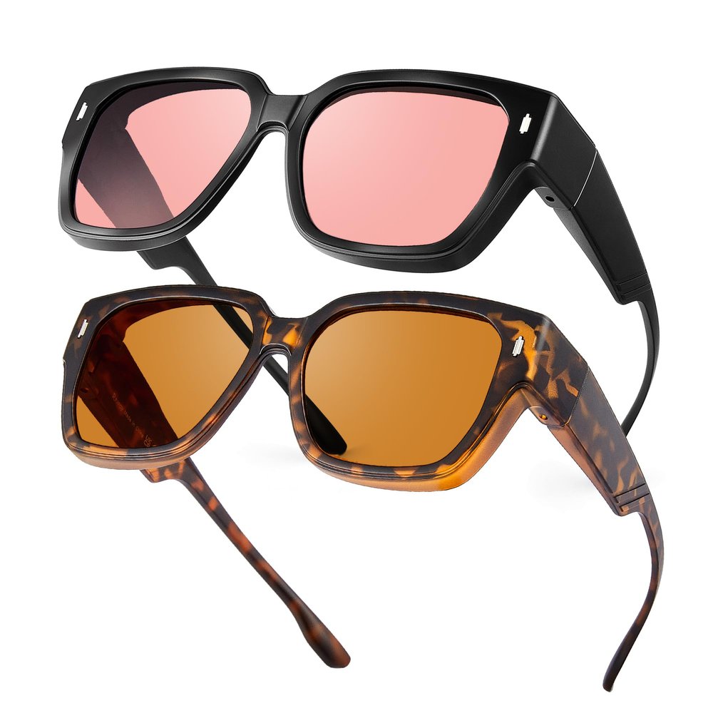 R.F.YFQH 2 Pack Indoor Fluorescent-41 Rose & Outdoor Fluorescent-60 Brown Tinted Fit Over Blue Light Blocking Glasses for Migraine, Light Sensitivity, Photophobia & LED Gaming Computer Glare JF7201