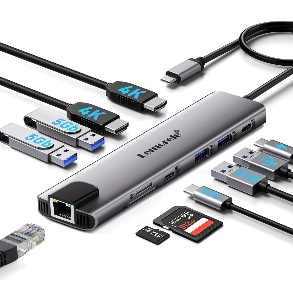 Aluminum Docking Station USB-C Hub with 2 HDMI, Gigabit Ethernet, 4 USB A, USB-C 3.0, PD 100W, SD/TF, 1000Mbps RJ45 LAN Dock Adapter for MacBook Docking Station Laptop, Supports 2 Monitor