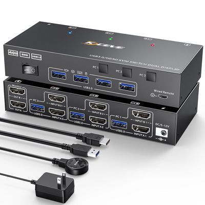 3 Computers 2 Monitors KVM Switch, Reyoten HDMI2.1 KVM Support 4K@60Hz 2K@144Hz USB 3.0 KVM Switches Share 2 Monitors and 4 USB 3.0 Ports, Support EDID EmulatorHDMI Port Only