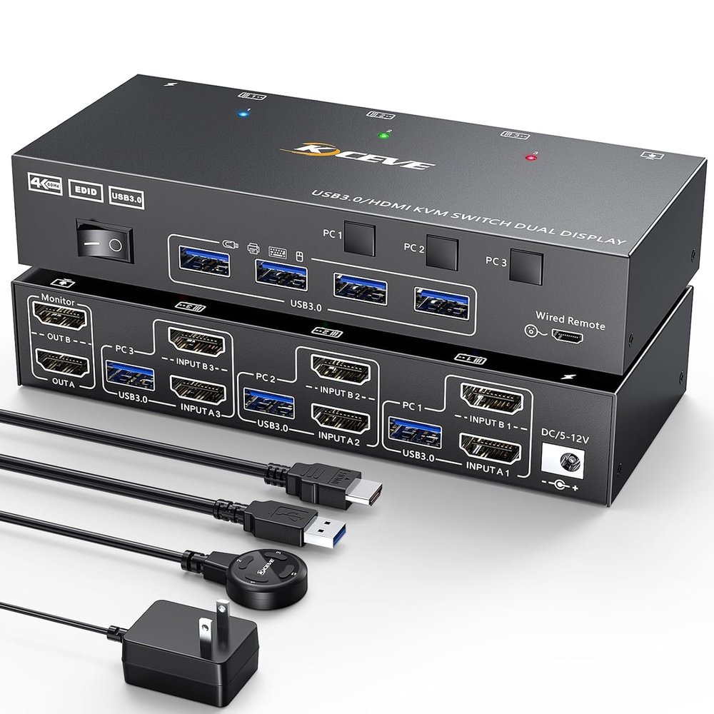 3 Computers 2 Monitors KVM Switch, Reyoten HDMI2.1 KVM Support 4K@60Hz 2K@144Hz USB 3.0 KVM Switches Share 2 Monitors and 4 USB 3.0 Ports, Support EDID EmulatorHDMI Port Only