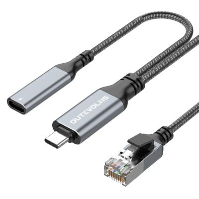 Dutevolns USB C to Ethernet Cable Female Charging 6.6 FT, USB-C Female 60W PD & Gigabit LAN Two in One, Type C to RJ45 Nylon Cord, Directly Connected, for MacBook Pro, Surfing Internet and Charging