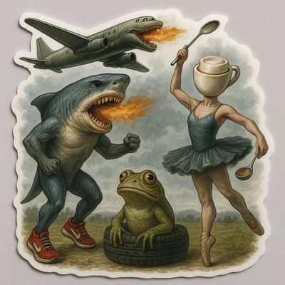 Italian Brainrot Classic Vinyl Sticker  Waterproof Decal for Laptop, Car, Wall, Window, Truck, Auto  Surreal AI Meme Art Featuring Hybrid Shark, Frog, Crocodile Plane, and Ballerina