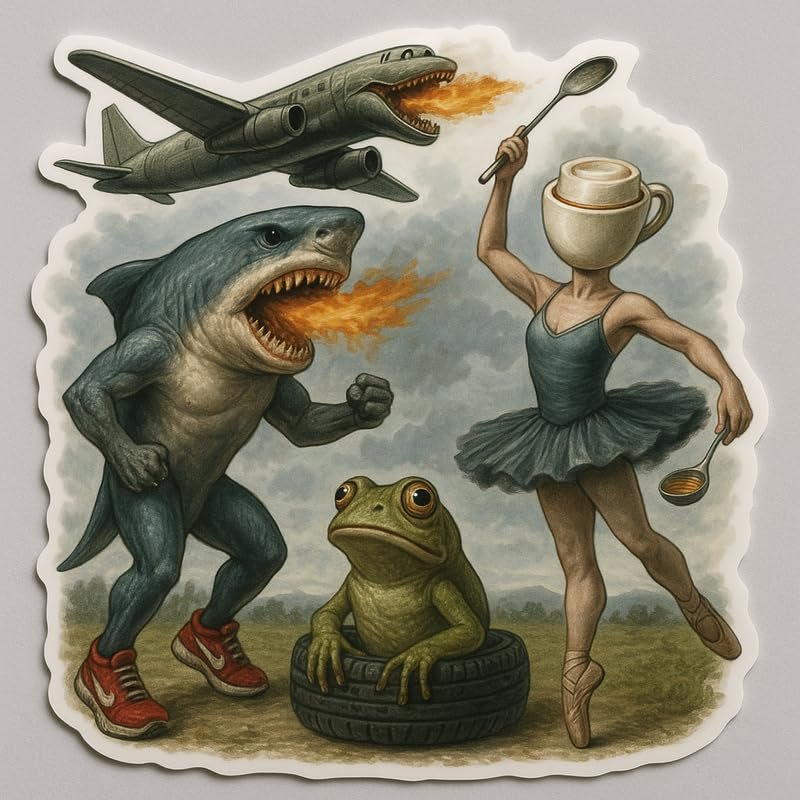 Italian Brainrot Classic Vinyl Sticker  Waterproof Decal for Laptop, Car, Wall, Window, Truck, Auto  Surreal AI Meme Art Featuring Hybrid Shark, Frog, Crocodile Plane, and Ballerina