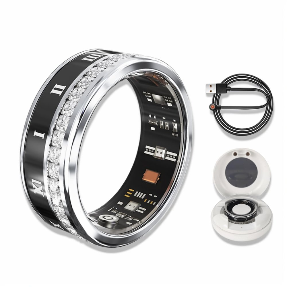 Smart Ring,Numerals Diamonds,Health Monitoring, Heart Rate, Blood Oxygen, Sleep Tracker, Compatible with Android and iOS, Fitness Tracker Ring for Men/Women,IP68 Waterproof (Silver, 9)
