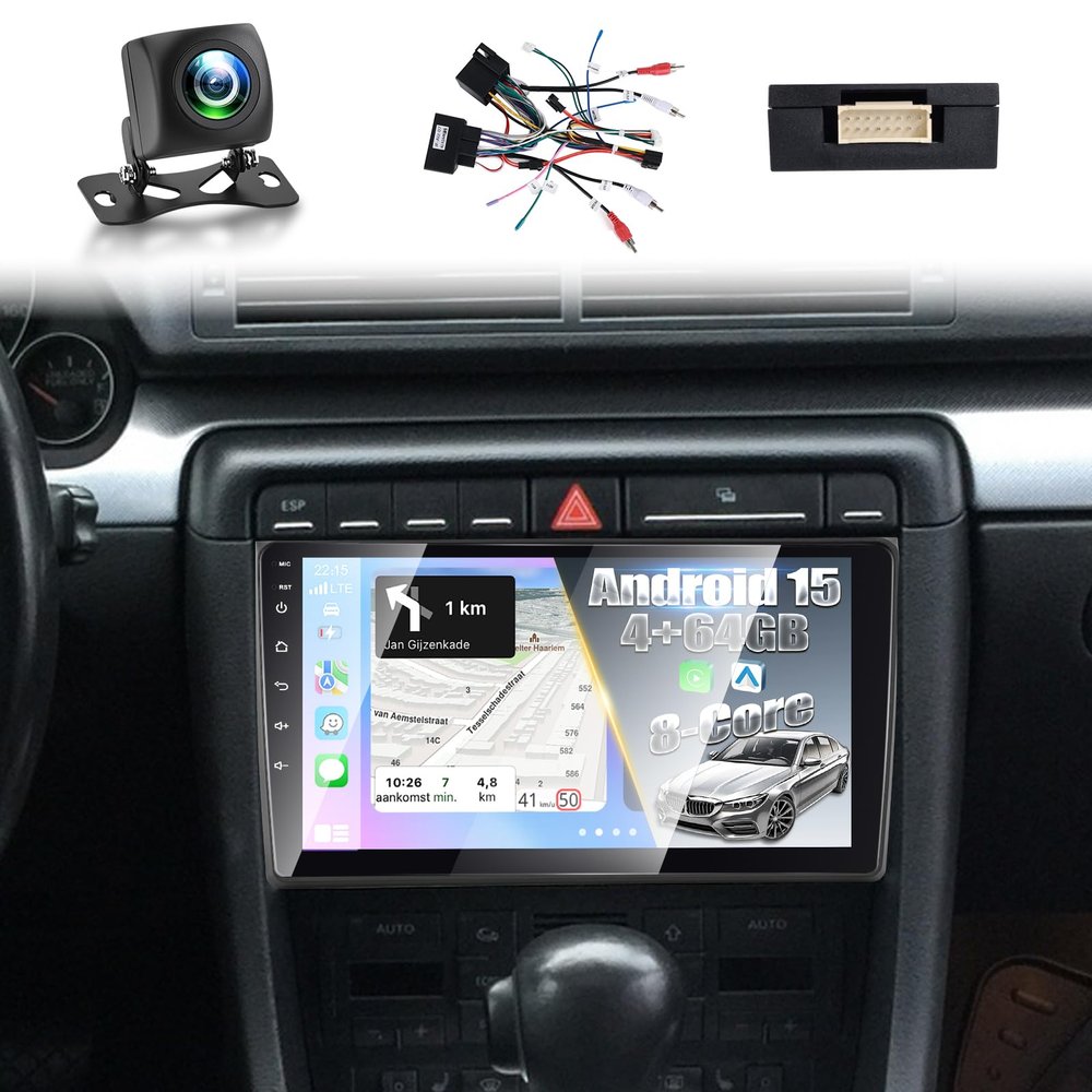 [8 Core 4+64G] for Audi A4 S4 RS4 2002-2008 Upgrade Radio, NHOPEEW 9 inch IPS Touchscreen Android Carplay Stereo - 3D Car Model, Cooling Fan, 5G/WiFi, GPS, DSP, Custom UI Design + Backup Camera