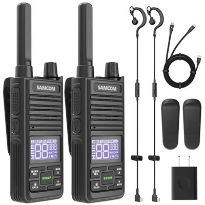 SAMCOM T2 GMRS Radio 2W Long Range Walkie Talkie NOAA Weather Rechargeable Heavy Duty Two Way Radio,Group Call Radios Walkie-talkies with Earpiece, USB-C Charger, Flashlight,2 Packs