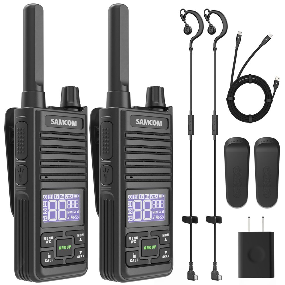 SAMCOM T2 GMRS Radio 2W Long Range Walkie Talkie NOAA Weather Rechargeable Heavy Duty Two Way Radio,Group Call Radios Walkie-talkies with Earpiece, USB-C Charger, Flashlight,2 Packs