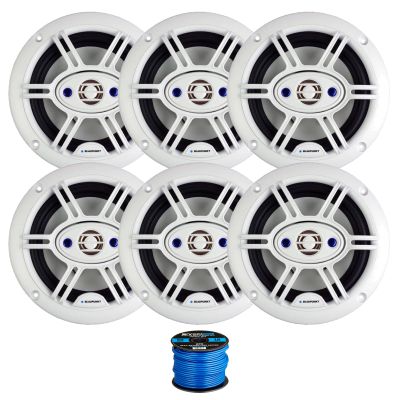 3 Pair (Qty 6) of Blaupunkt GTM652WPRO 6.5" 240 Watt Max 4-Way Marine Audio Speakers (White) with 50 Feet 16 Gauge Wire