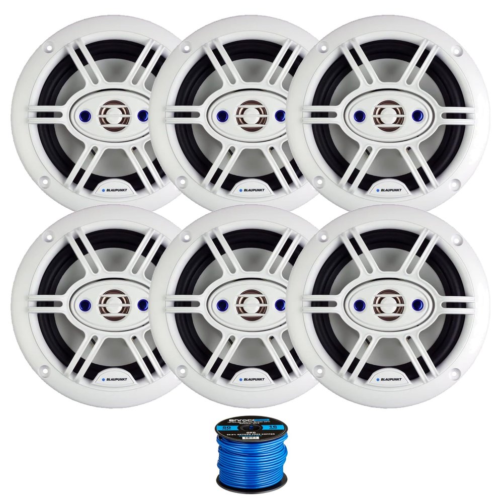 3 Pair (Qty 6) of Blaupunkt GTM652WPRO 6.5" 240 Watt Max 4-Way Marine Audio Speakers (White) with 50 Feet 16 Gauge Wire