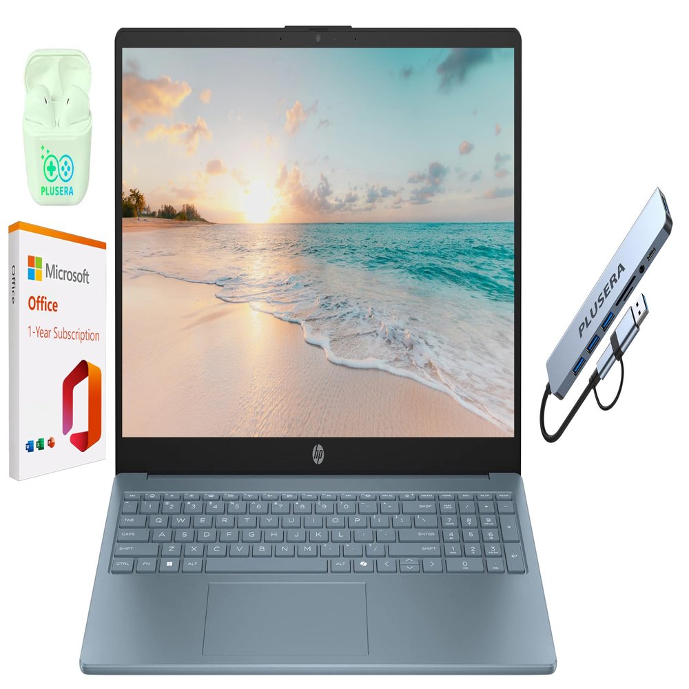 HP 15.6" LED Laptop Computer, 16GB RAM 640GB Storage (128GB UFS+512GB Docking Set), Quad-Cores Intel Pentium, Windows 11 S with 1-Year Microsoft Office 365 Included, PLUSERA Earphones, Moonlight Blue