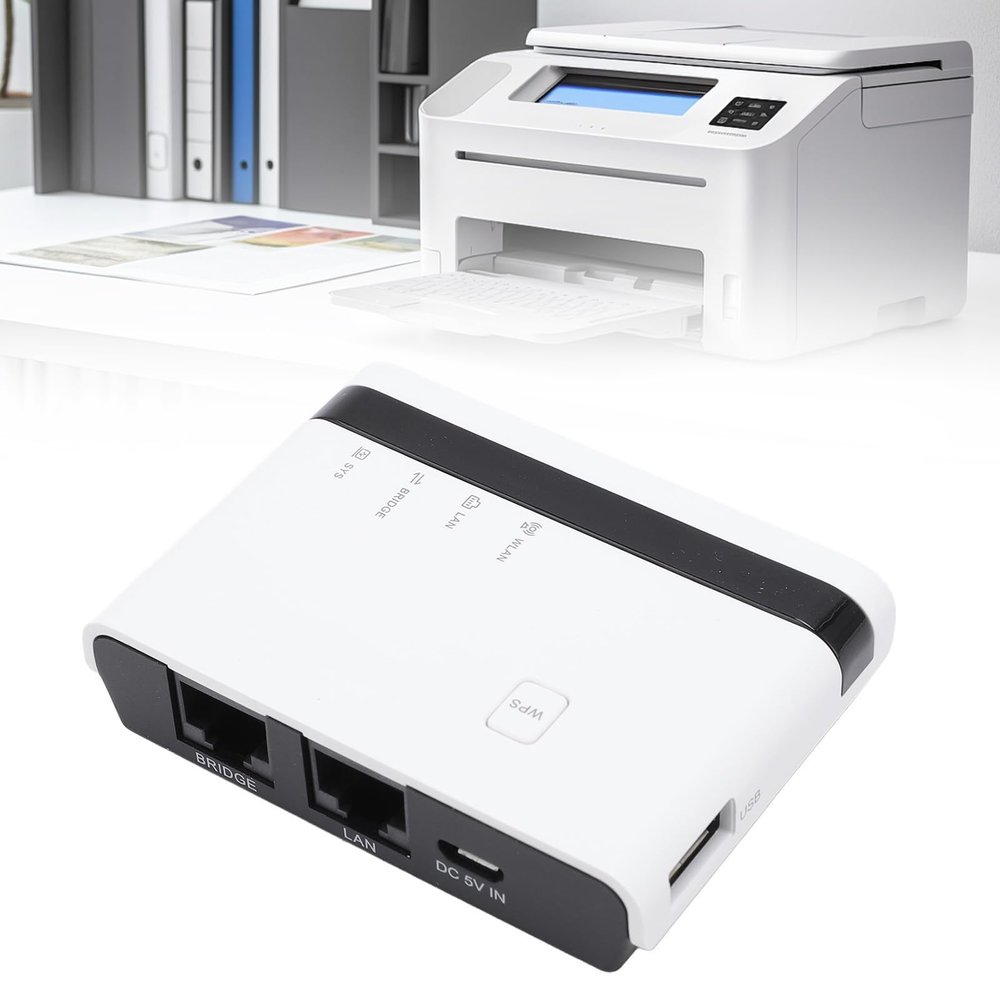 VBESTLIFE 4 Port USB Print Server with Gigabit Ethernet & Wireless 2.4GHz, Multi Mode LAN Bridge for Wins, OS X, Plug & Play Sharing up to 4 Printers Scanners (US)