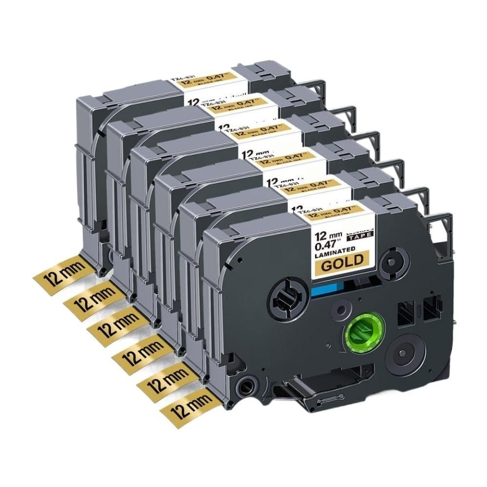 12mm Tze231 Compatible Label Tape for 231 131 631 831 931 334 335 Includes 6/12PK for PTH110 Label Maker(6PK Black on Gold)